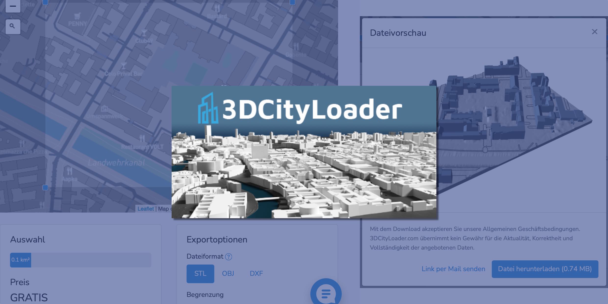 Illustration zur App „3DCityLoader“, mit 3D-Modell der Stadt Berlin und Screenshots der App