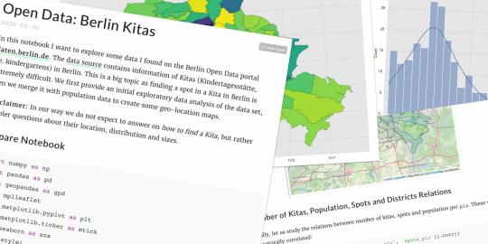 Screenshots des Artikels "Open Data: Berlin Kitas" mit Text, Diagrammen und Sourcecode