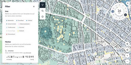 Screenshot der Kartenanwendung „Erfrischungskarte“. Zu sehen sind eine Karte von Berlin mit Schattenwürfen der Gebäude, sowie wichtigen Objekten wie Sitzbänke, Trinkbrunnen etc.