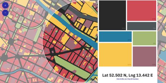 Screenshot der Anwendung „Kiezcolors“, die hier die Flächennutzung im Bereich Oberbraumbrücke als farbige Flächen zeigt