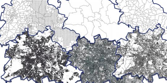 Verschiedene Berlinkarten, die die geografischen Gliederungen der Stadt zeigen