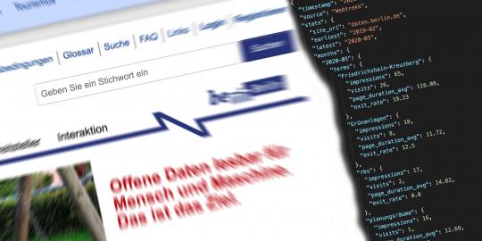 Suchfeld des Berliner Datenportal und Ausschnitt aus Daten der Suchbegriffe eines Monats