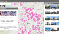 Screenshot der Kartenanwendung „Cherry Blossom Map“. Zu sehen sind die Standorte von japanischen Kirschbäumen in Berlin, sowie eine Liste anderer Städte.