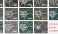 Als Kacheln angeordnete Luftaufnahmen der Berliner Siegessäule aus den Jahren 2004 bis 2022, außerdem 1928. Unten rechts die URL luftbilder.berlin.codefor.de.