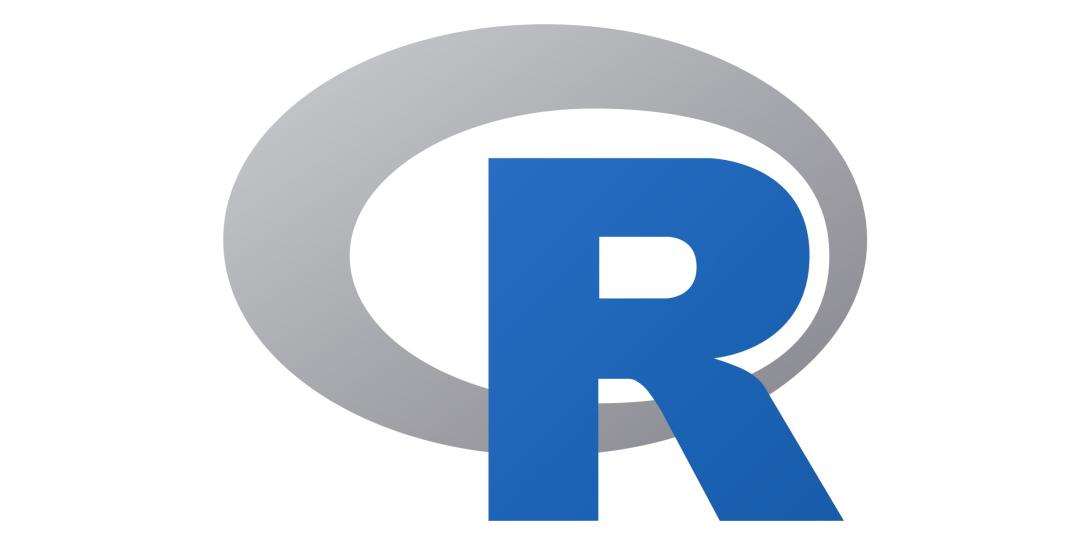 Logo der Programmiersprache R: blaues R vor grauem Oval vor weißem Hintergrund