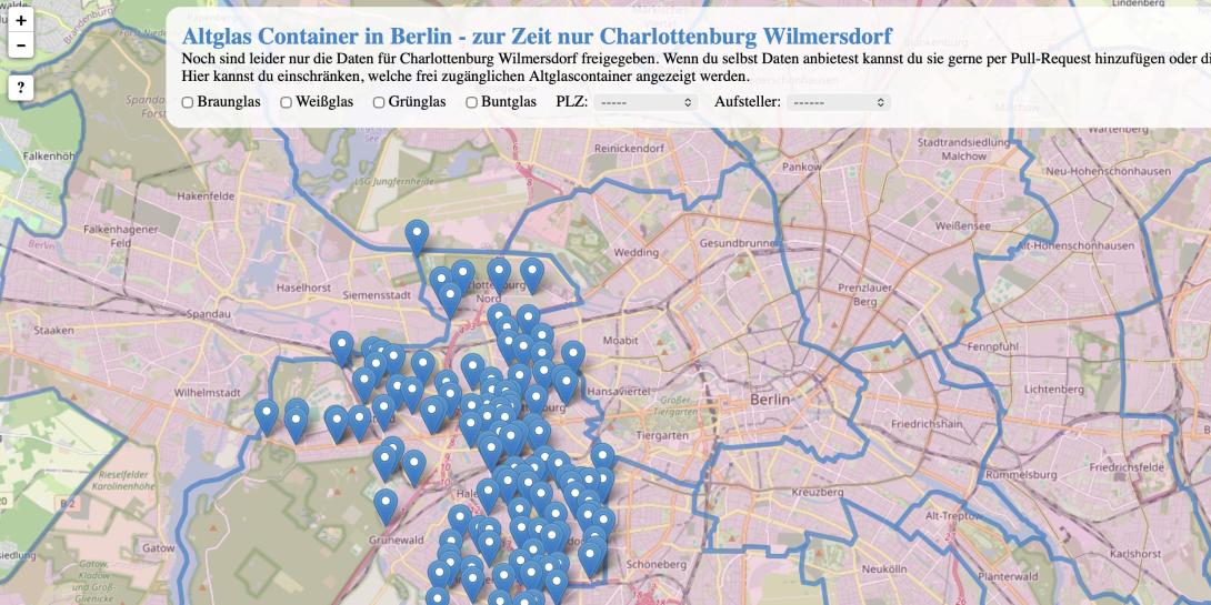 Screenshot der Web-App „Altglas Container in Berlin“: Eine zoombare Karte Berlins mit blauen Pins an den Standorten von Altglascontainern, allerdings nur im Bezirk Charlottenburg-Wilmersdorf.