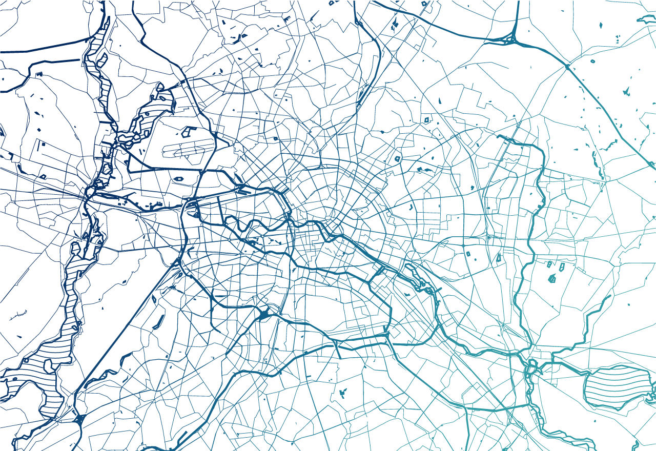 Verfremdete Karte von Berlin mit blauen Linien für Straßen und Wasserwege vor weißem Hintergrund
